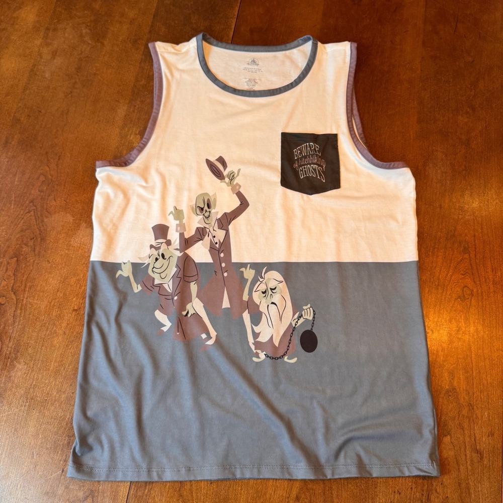 Disney Tank Top Mens Medium Grey Haunted Mansion Hitchhiking‎ Ghosts Pocket Tee